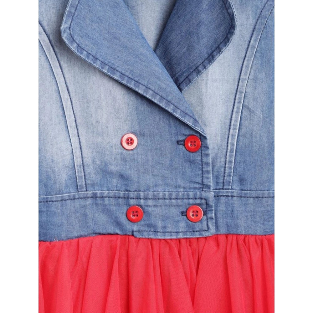 HamariDookan Girl's Denim Roll Up Buttoned Dress (Blue-Red)