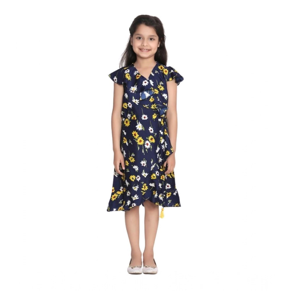 HamariDookan Girl's Polyester Crepe Polka Cold Shoulder Dress (Navy Blue)