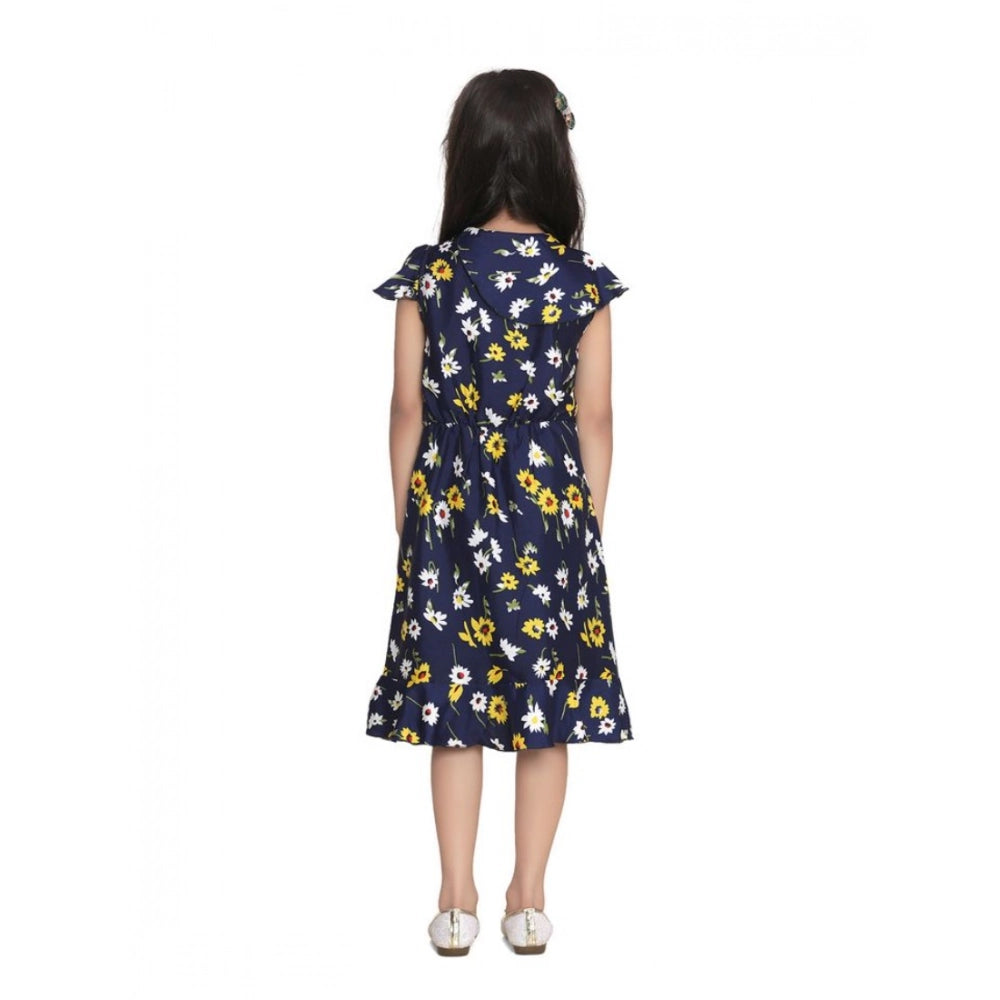 HamariDookan Girl's Polyester Crepe Polka Cold Shoulder Dress (Navy Blue)