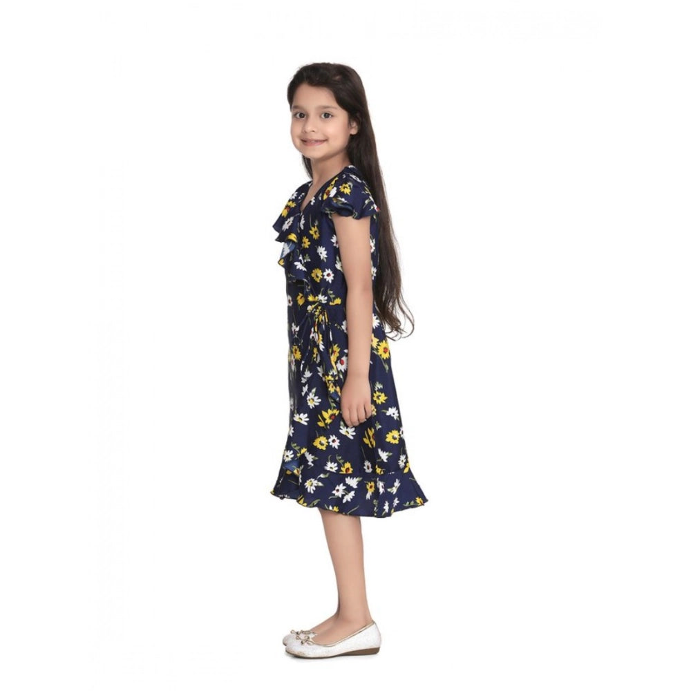 HamariDookan Girl's Polyester Crepe Polka Cold Shoulder Dress (Navy Blue)