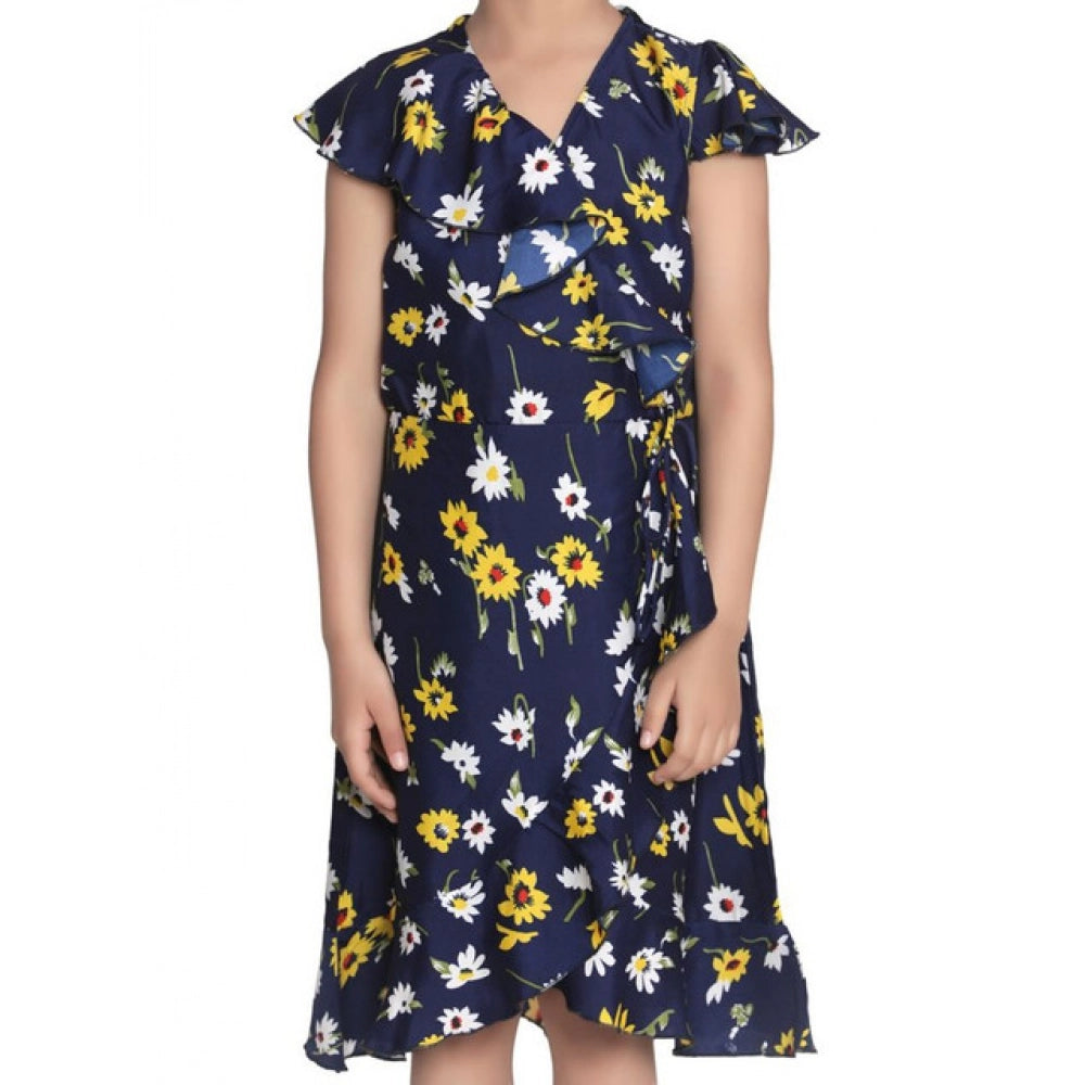 HamariDookan Girl's Polyester Crepe Polka Cold Shoulder Dress (Navy Blue)