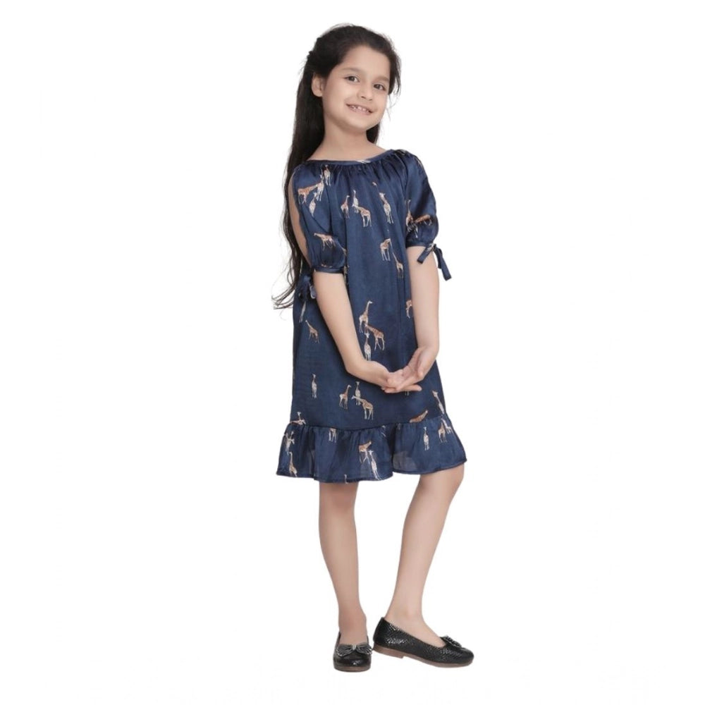 HamariDookan Girl's Satin Animal Print Sleeveless Dress (Blue)