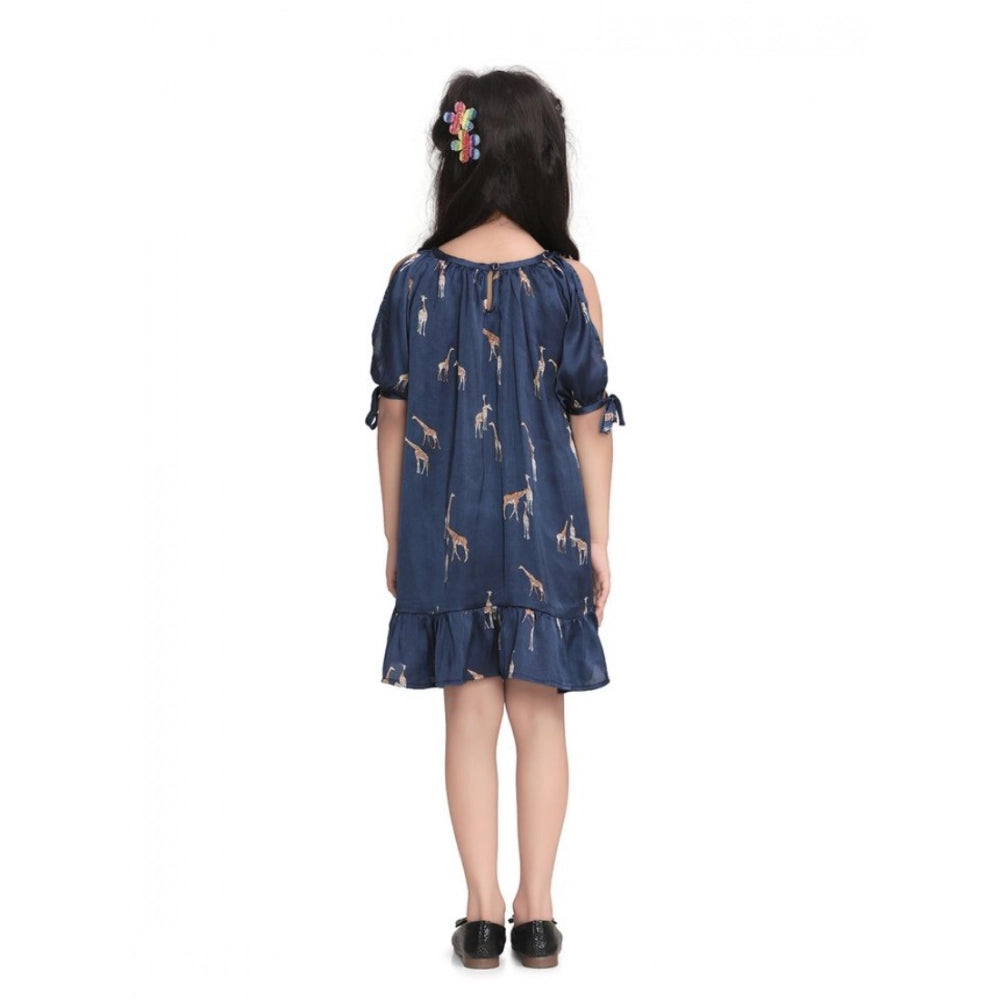 HamariDookan Girl's Satin Animal Print Sleeveless Dress (Blue)