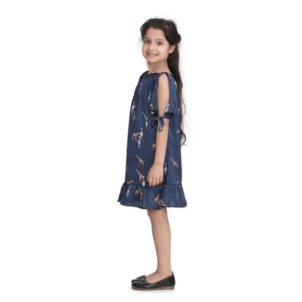 HamariDookan Girl's Satin Animal Print Sleeveless Dress (Blue)