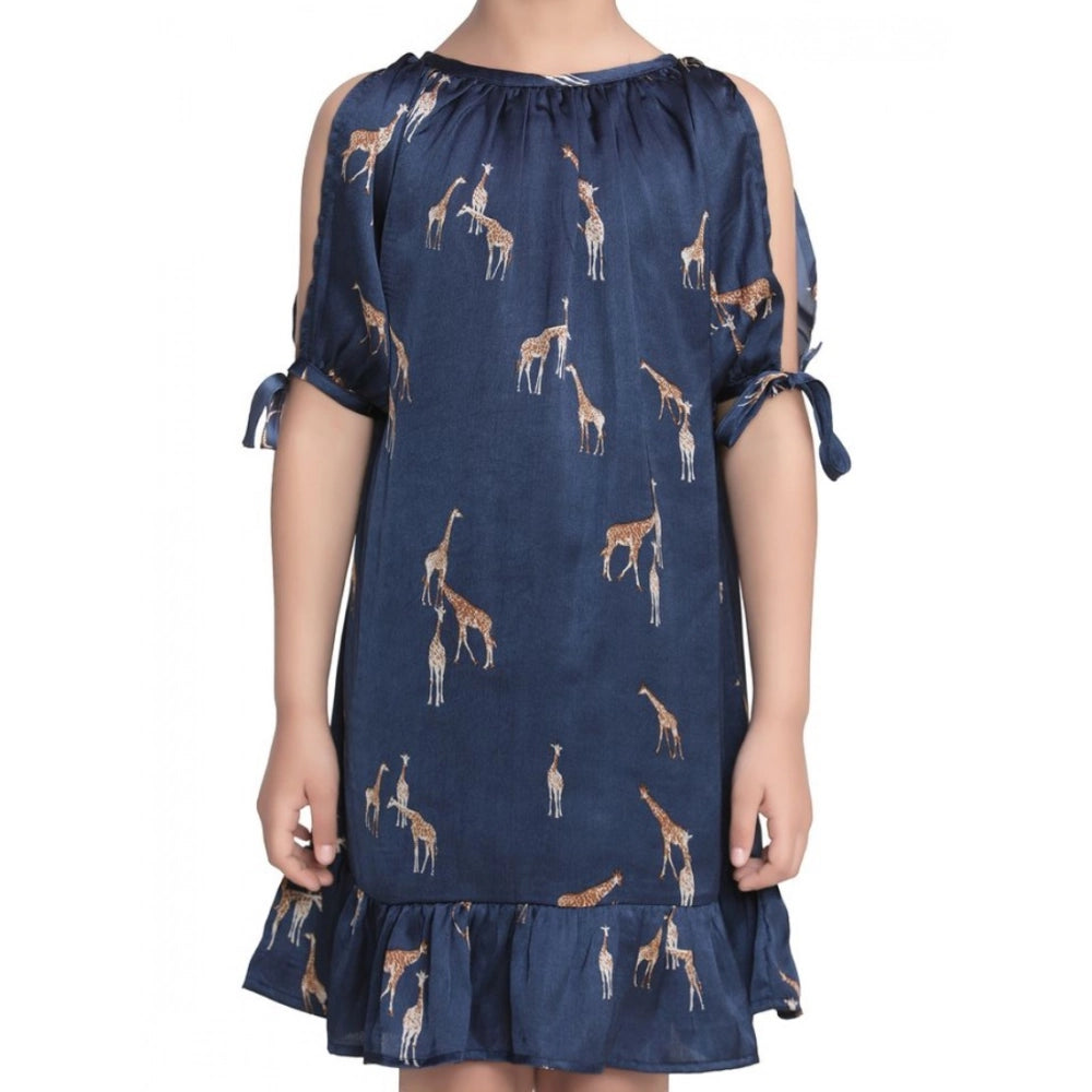 HamariDookan Girl's Satin Animal Print Sleeveless Dress (Blue)