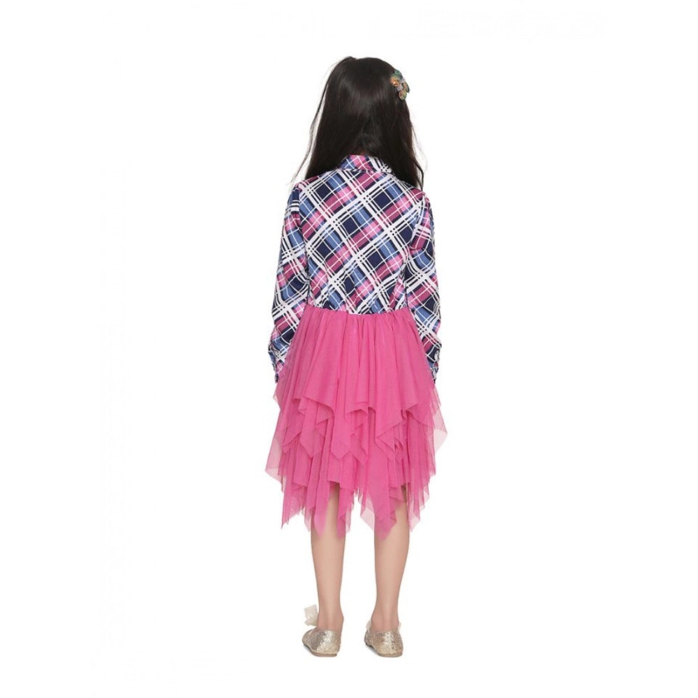 HamariDookan Girl's Polyster Crepe Lace Inserts Long Sleeves Dress (Pink-Blue)