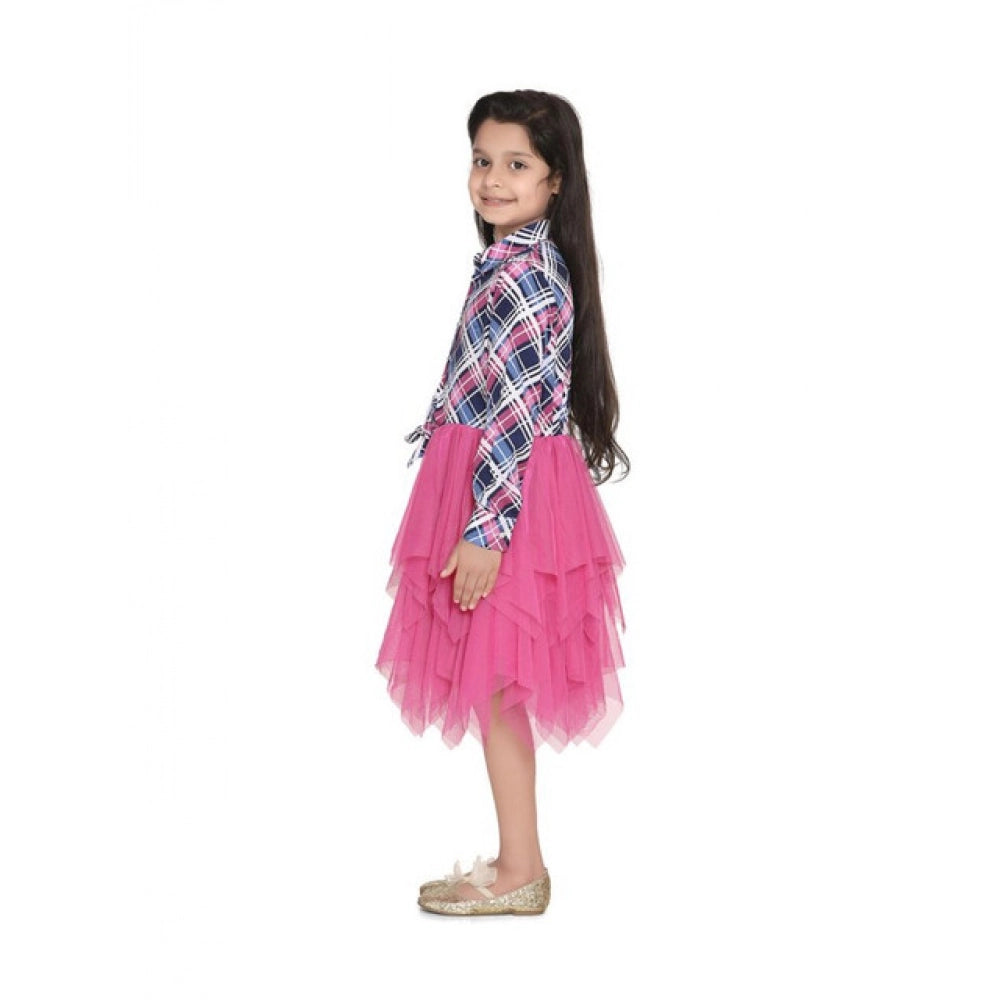 HamariDookan Girl's Polyster Crepe Lace Inserts Long Sleeves Dress (Pink-Blue)