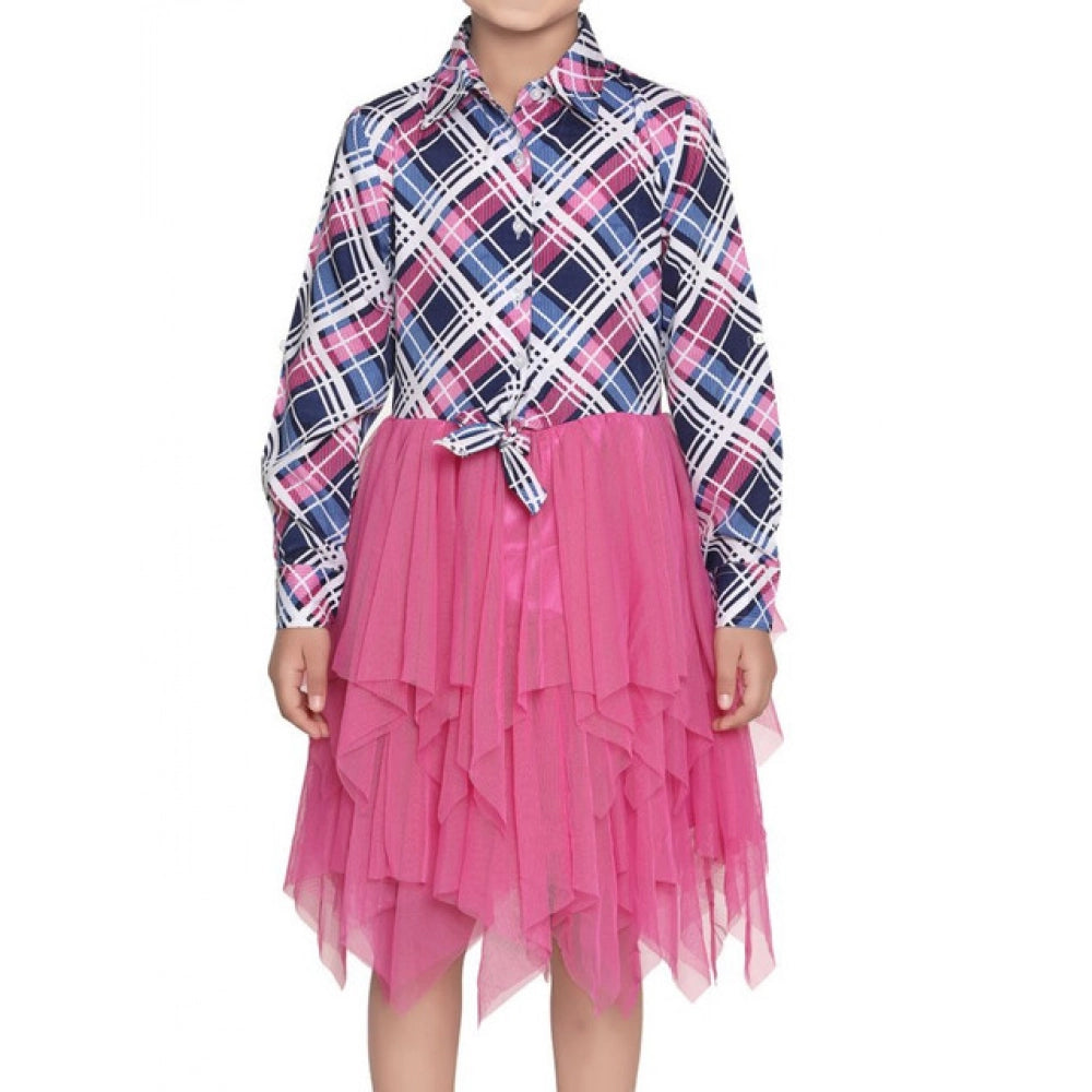 HamariDookan Girl's Polyster Crepe Lace Inserts Long Sleeves Dress (Pink-Blue)