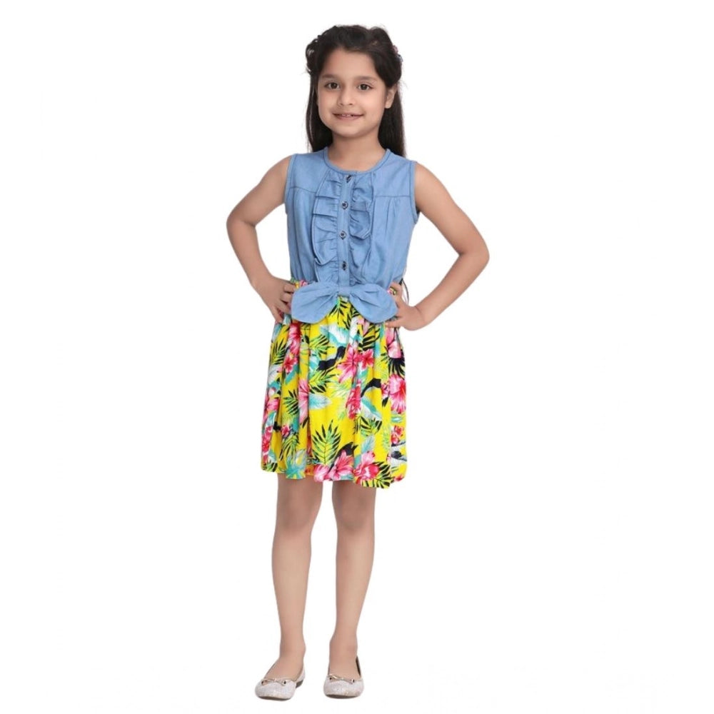 HamariDookan Girl's Denim Floral Sleeveless Dress (Blue-Yellow)