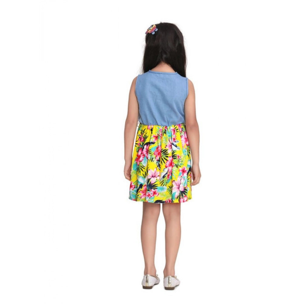 HamariDookan Girl's Denim Floral Sleeveless Dress (Blue-Yellow)
