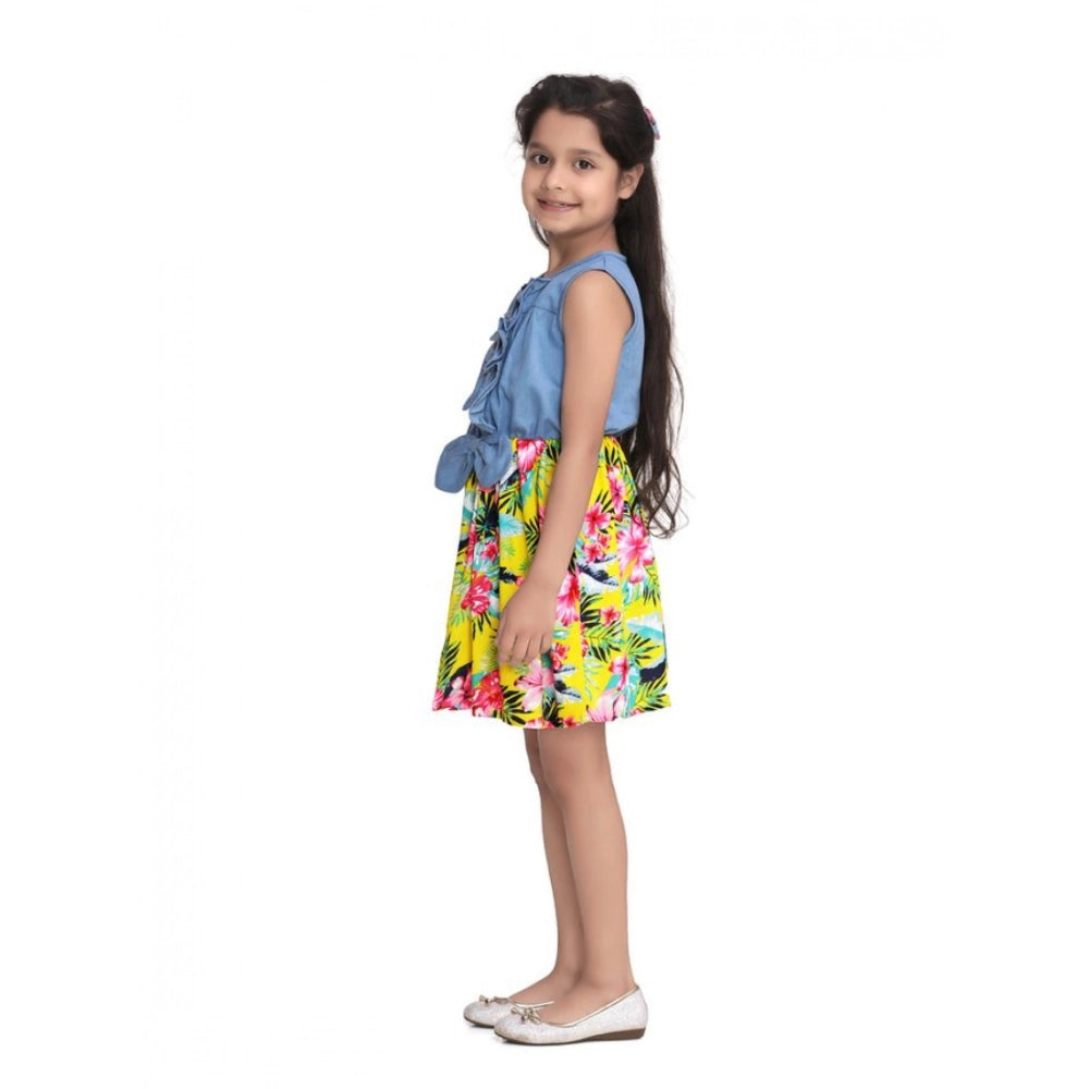 HamariDookan Girl's Denim Floral Sleeveless Dress (Blue-Yellow)