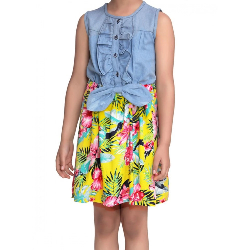 HamariDookan Girl's Denim Floral Sleeveless Dress (Blue-Yellow)