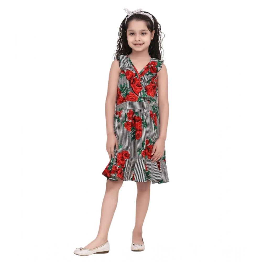 HamariDookan Girl's Polyester Crepe Floral Shoulder Straps Dress (Red)