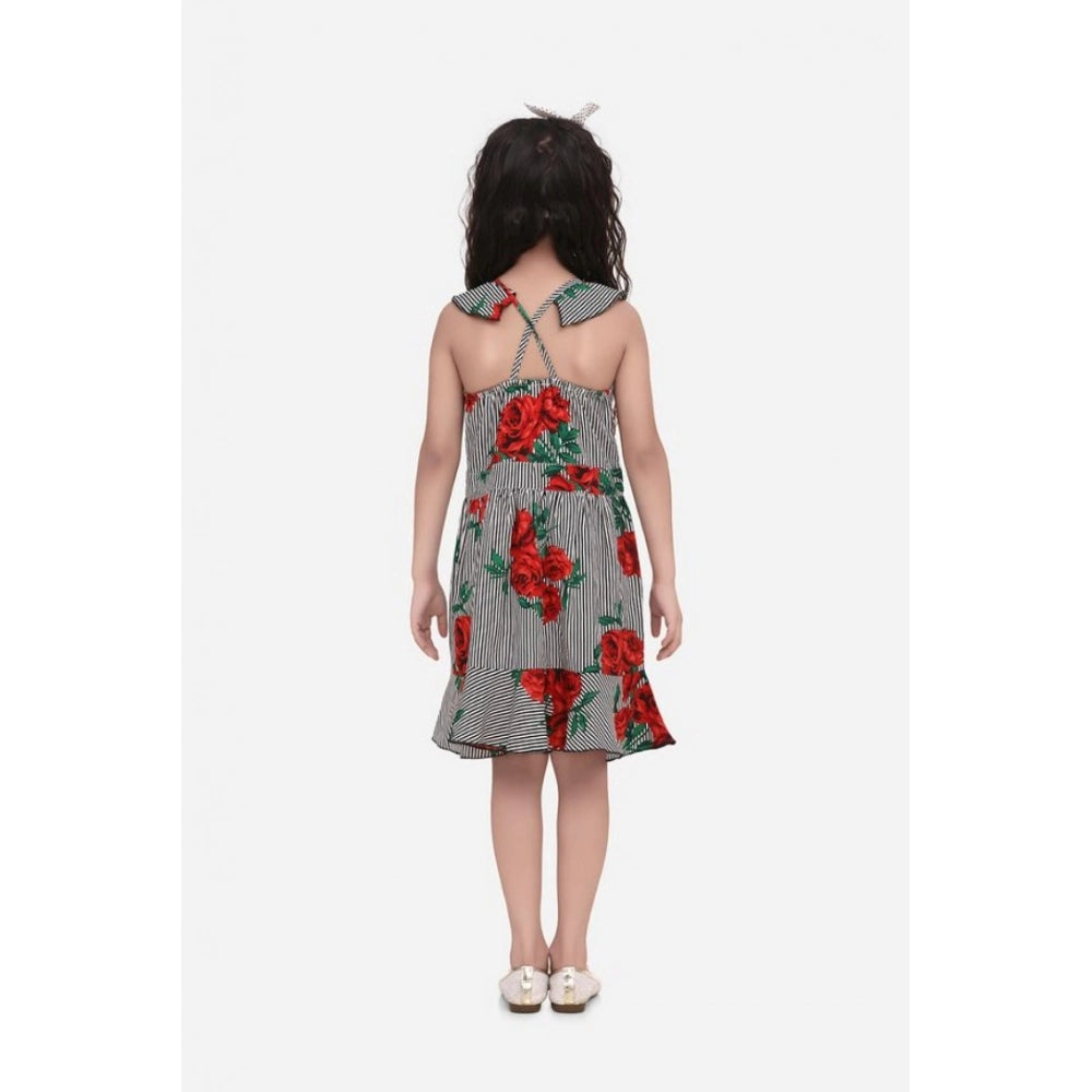 HamariDookan Girl's Polyester Crepe Floral Shoulder Straps Dress (Red)
