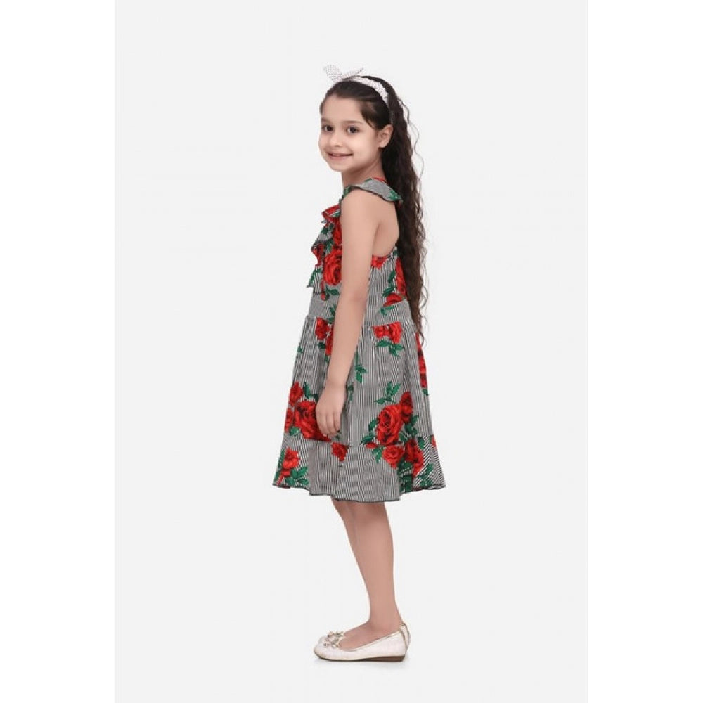 HamariDookan Girl's Polyester Crepe Floral Shoulder Straps Dress (Red)