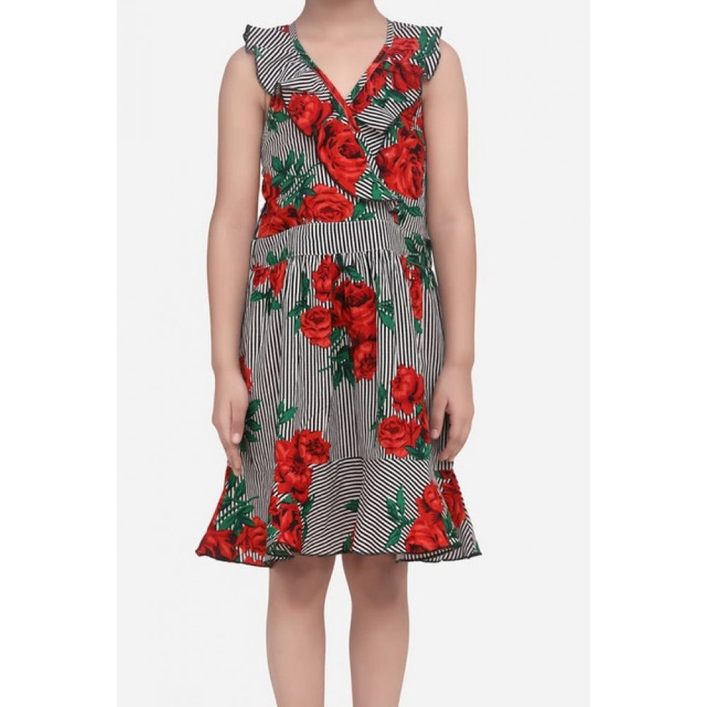 HamariDookan Girl's Polyester Crepe Floral Shoulder Straps Dress (Red)