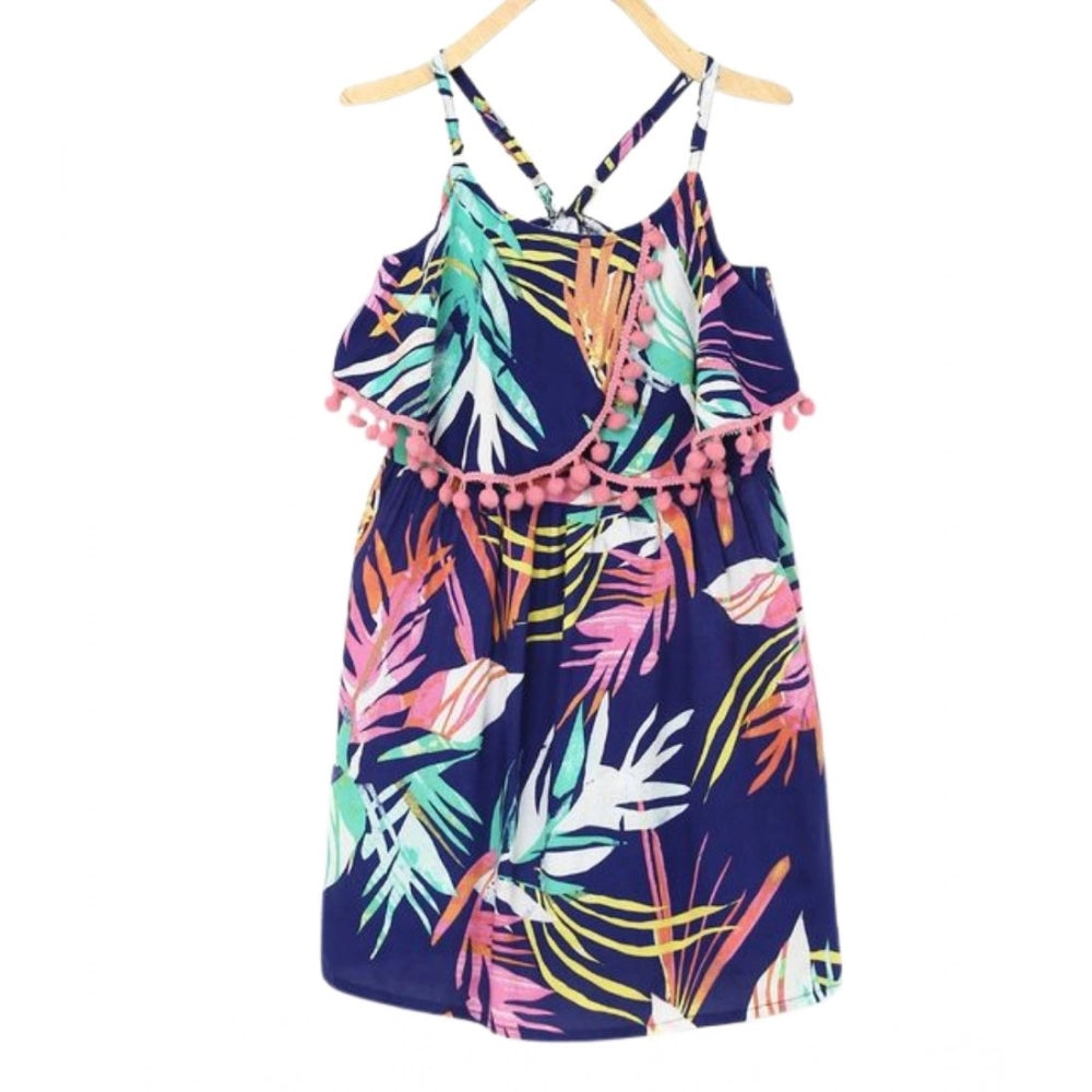 HamariDookan Girl's Rayon Printed Shoulder Straps Dress (Navy Blue)