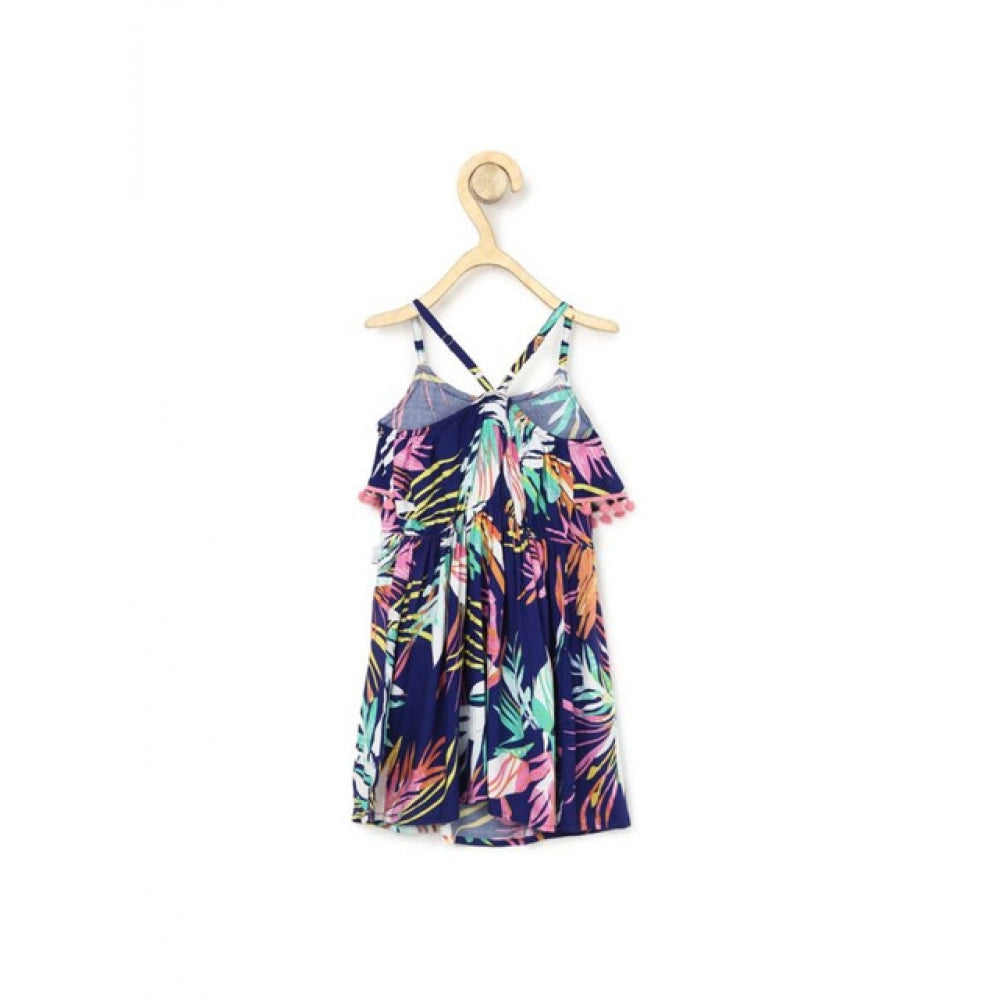 HamariDookan Girl's Rayon Printed Shoulder Straps Dress (Navy Blue)