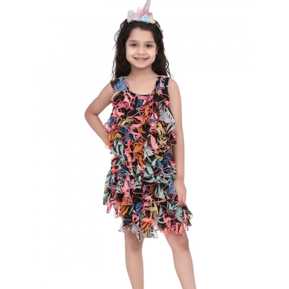 HamariDookan Girl's Chiffon Ruffled Sleeveless Dress (Black)