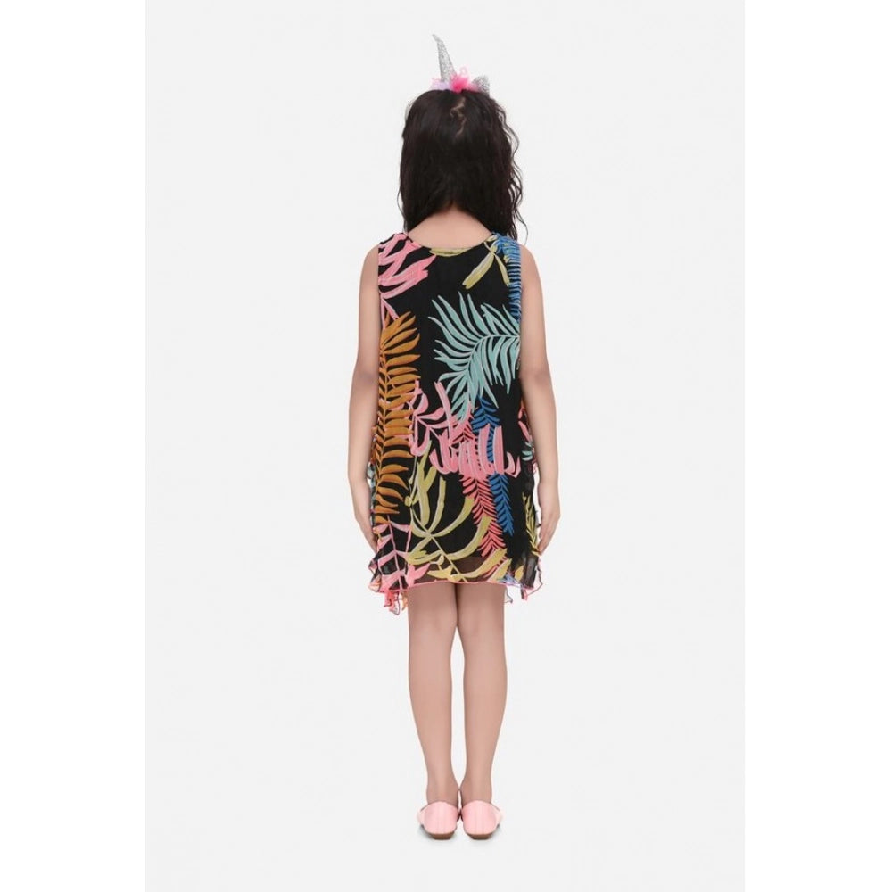 HamariDookan Girl's Chiffon Ruffled Sleeveless Dress (Black)