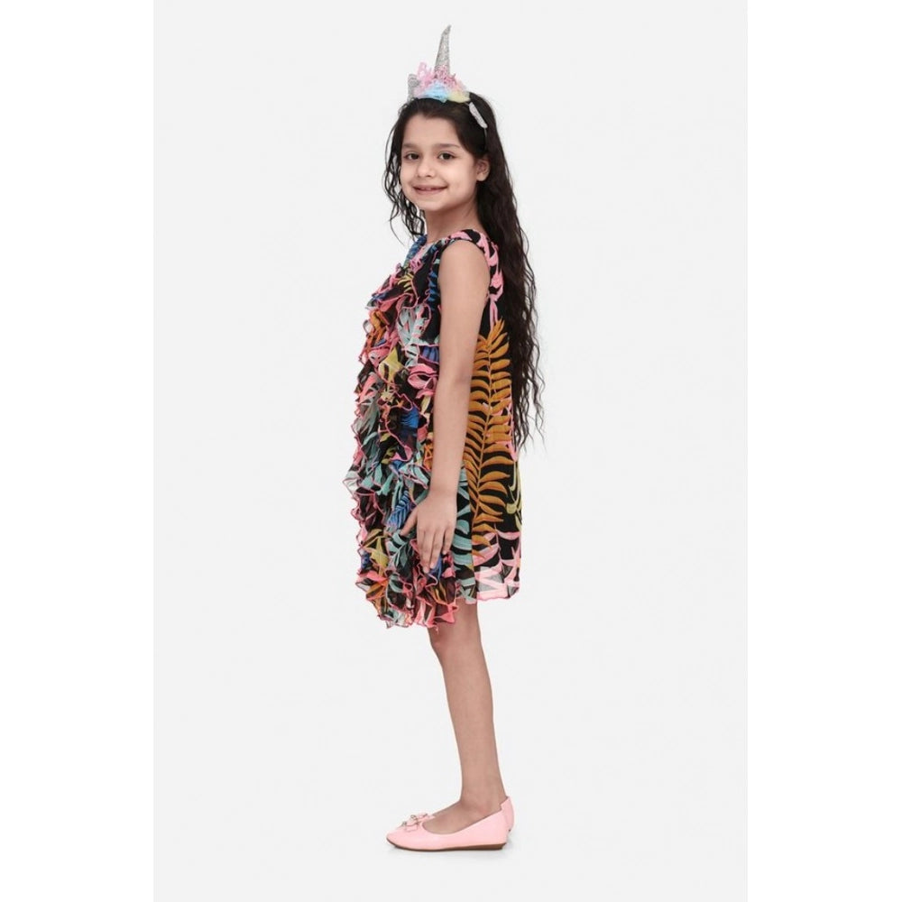 HamariDookan Girl's Chiffon Ruffled Sleeveless Dress (Black)