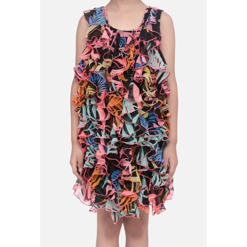 HamariDookan Girl's Chiffon Ruffled Sleeveless Dress (Black)