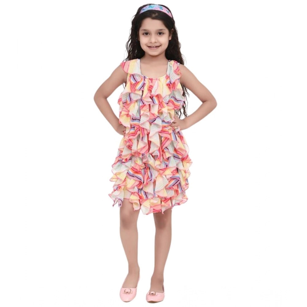 HamariDookan Girl's Chiffon Ruffled Sleeveless Dress (Multicolor)