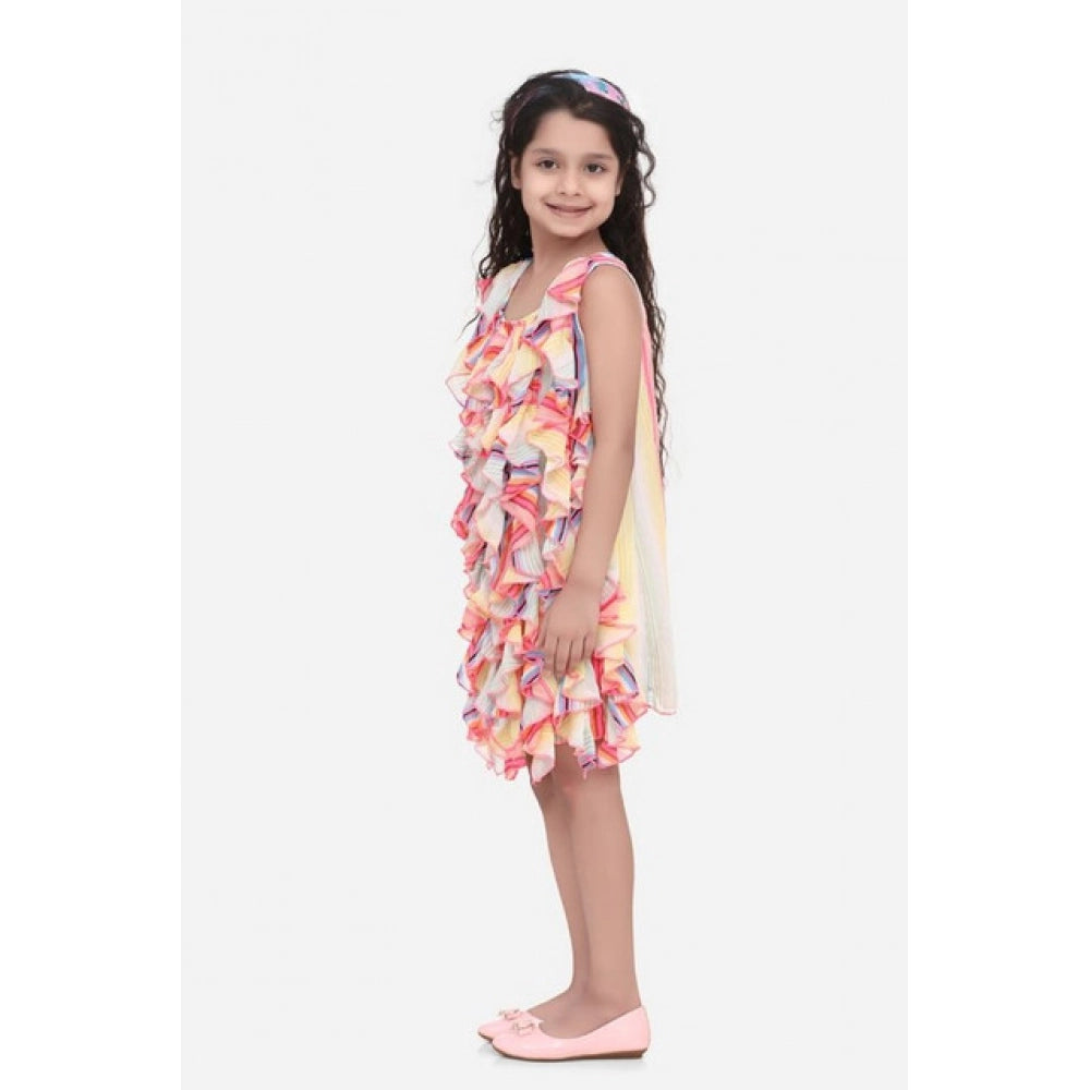 HamariDookan Girl's Chiffon Ruffled Sleeveless Dress (Multicolor)