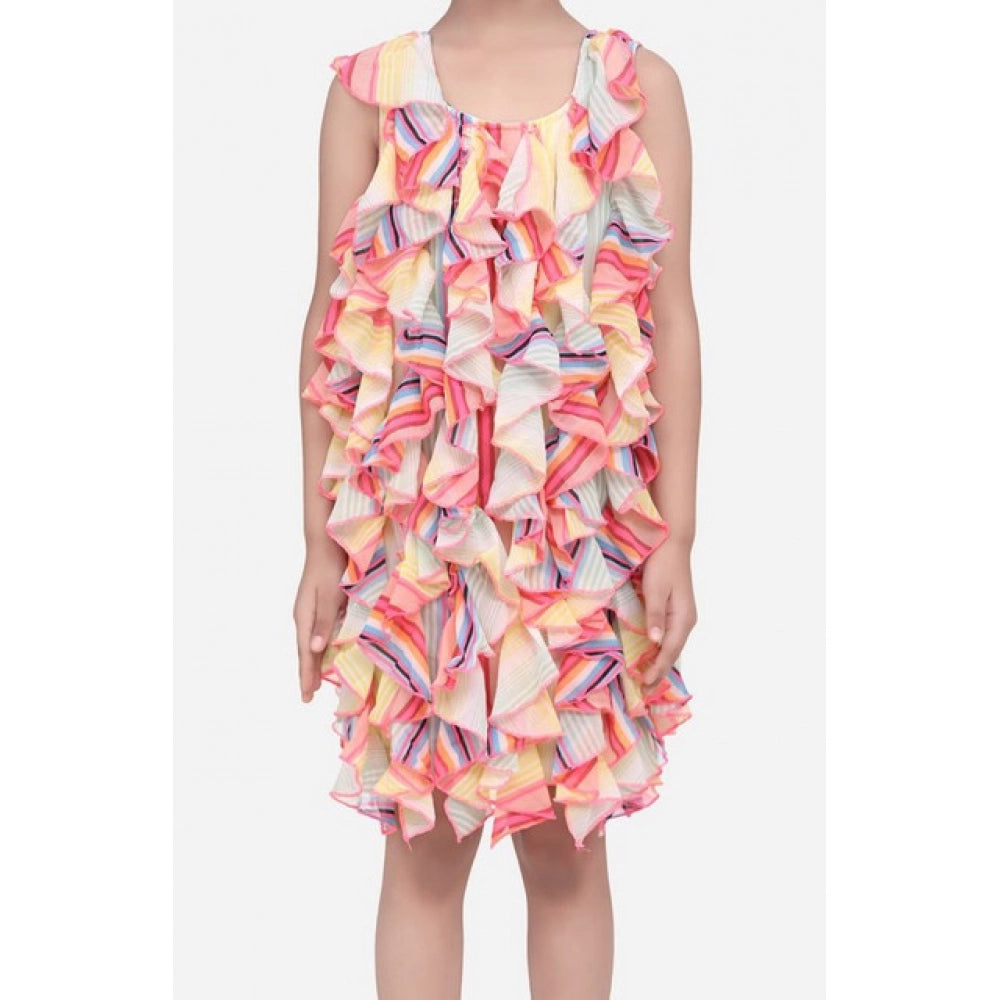 HamariDookan Girl's Chiffon Ruffled Sleeveless Dress (Multicolor)