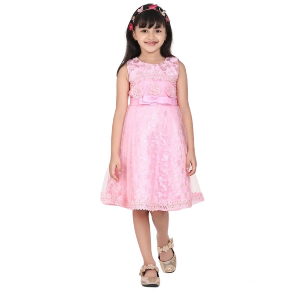 HamariDookan Girl's Net Embroidered Sleeveless Dress (Pink)