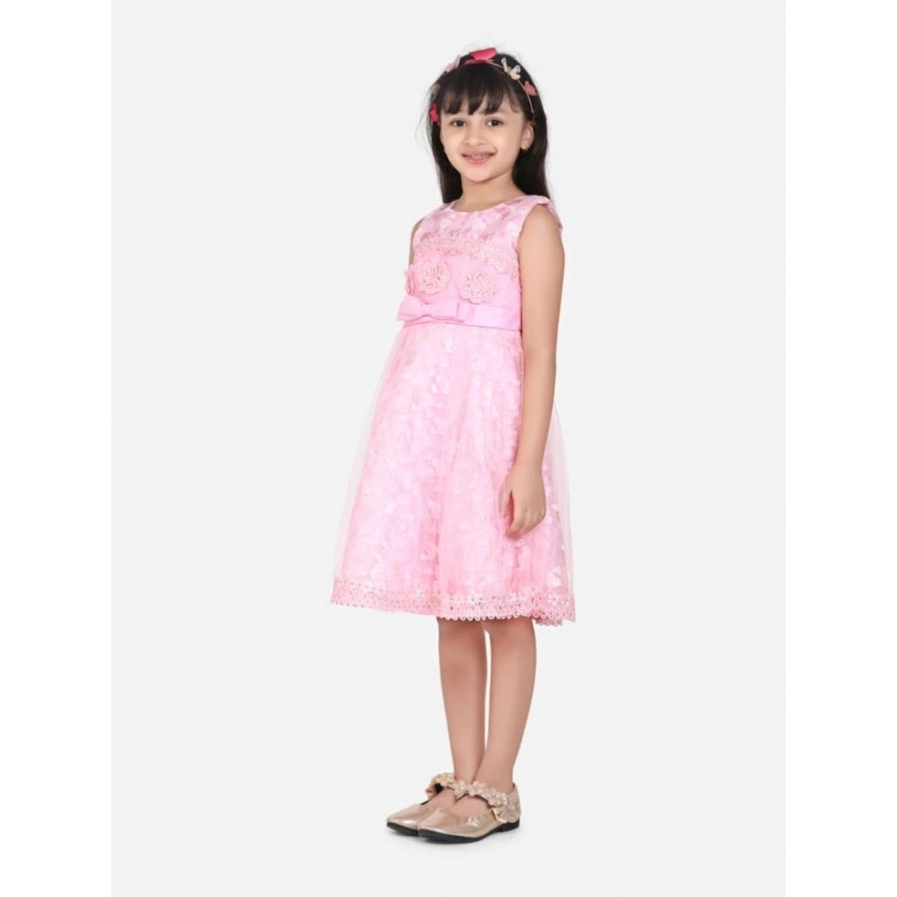 HamariDookan Girl's Net Embroidered Sleeveless Dress (Pink)