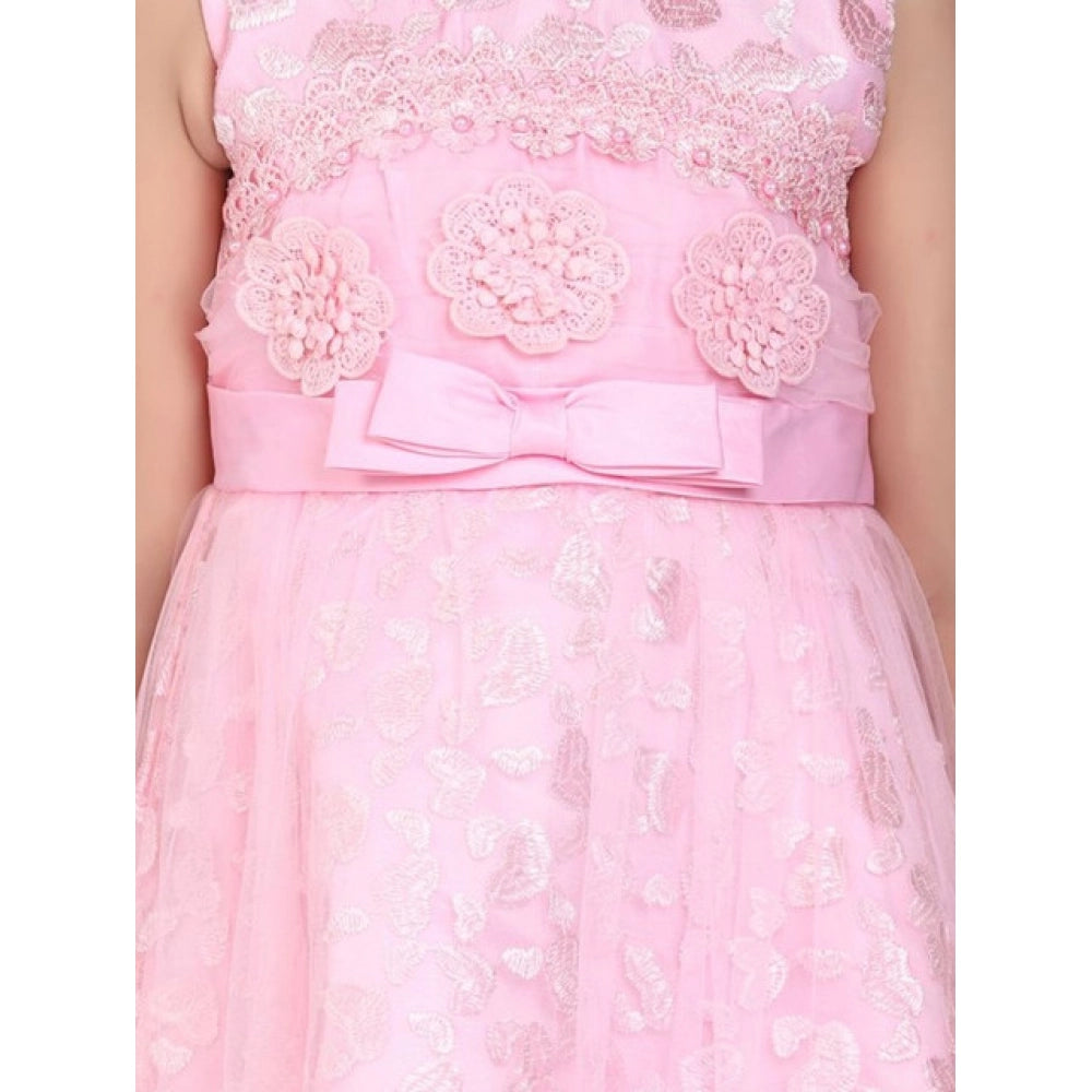 HamariDookan Girl's Net Embroidered Sleeveless Dress (Pink)