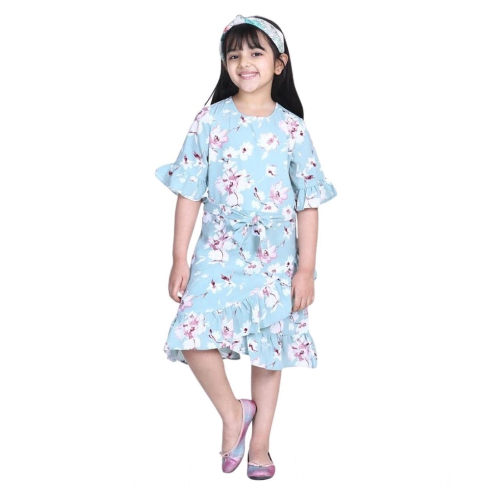 HamariDookan Girl's Polyester Crepe Floral Bell Sleeve Dress (Turquoise Blue)