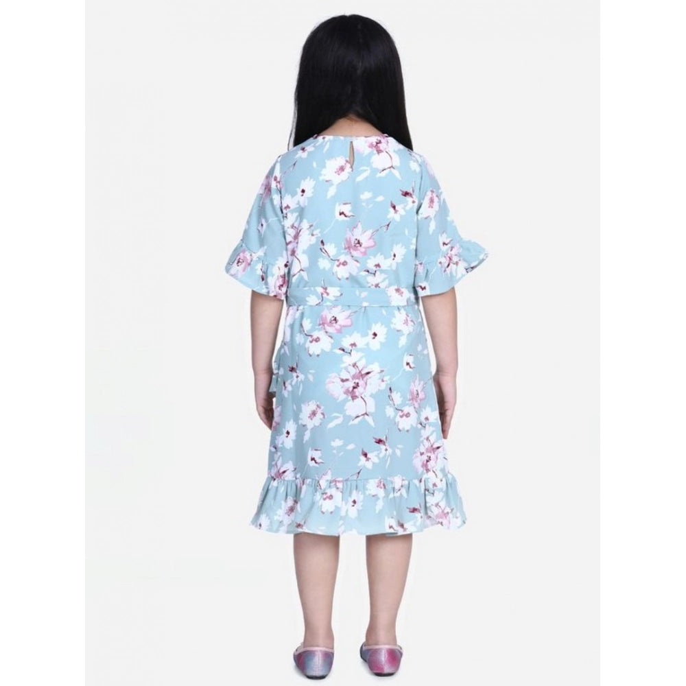 HamariDookan Girl's Polyester Crepe Floral Bell Sleeve Dress (Turquoise Blue)