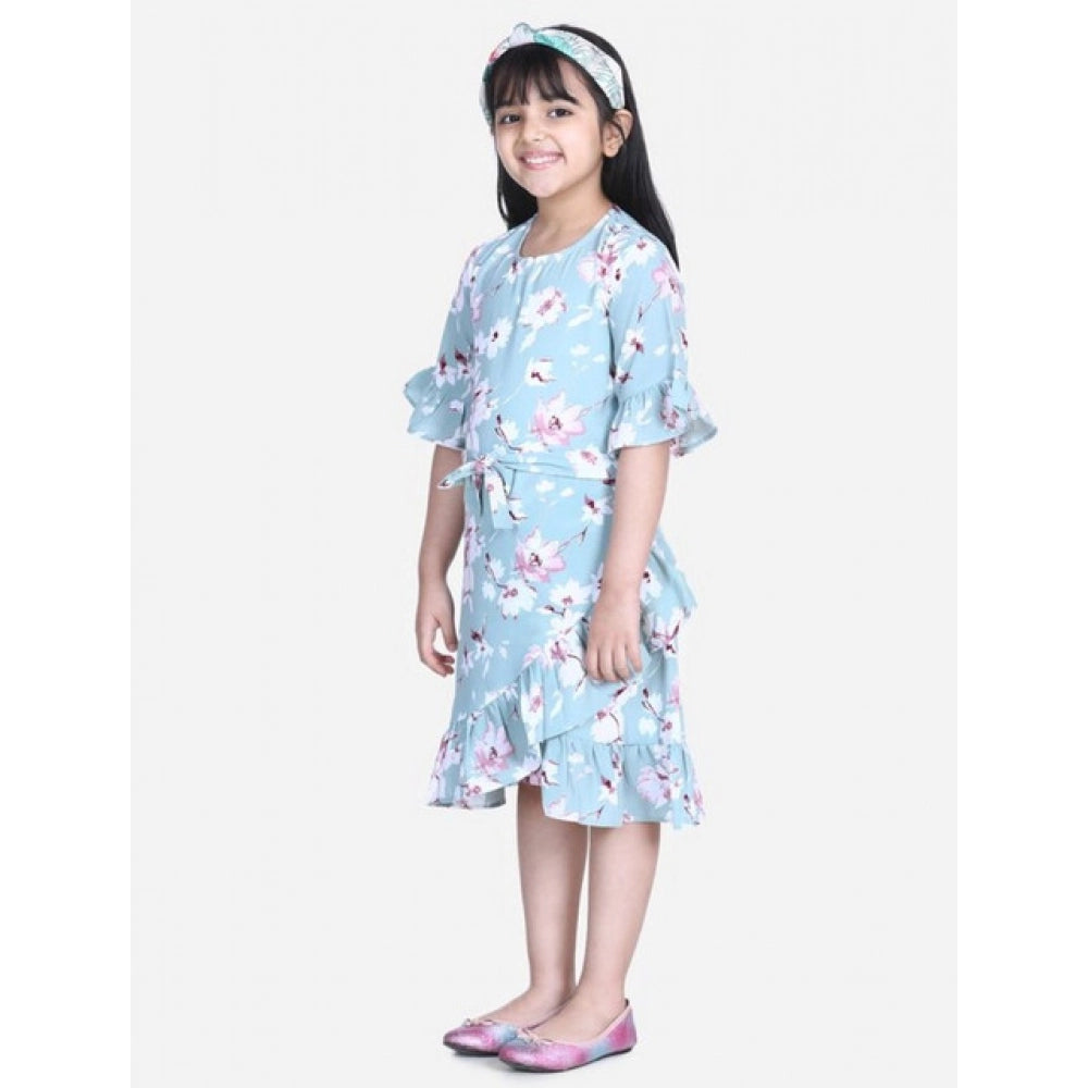 HamariDookan Girl's Polyester Crepe Floral Bell Sleeve Dress (Turquoise Blue)