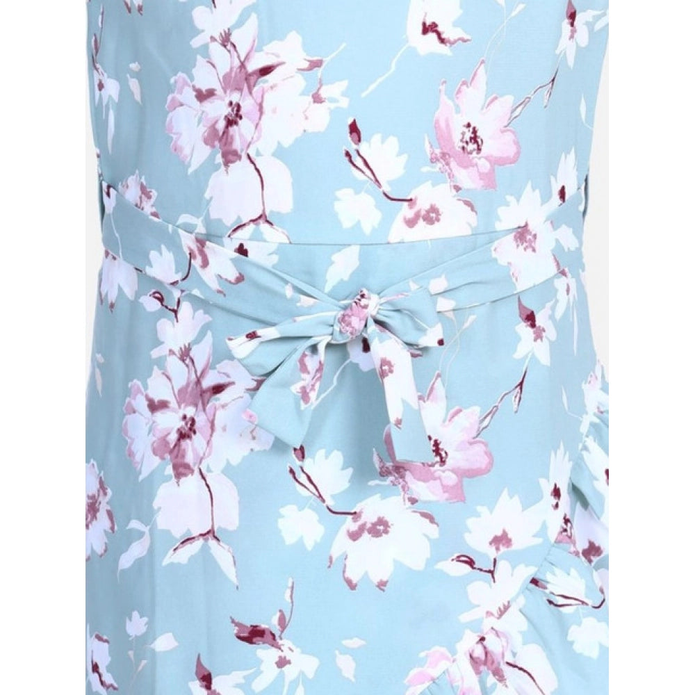 HamariDookan Girl's Polyester Crepe Floral Bell Sleeve Dress (Turquoise Blue)