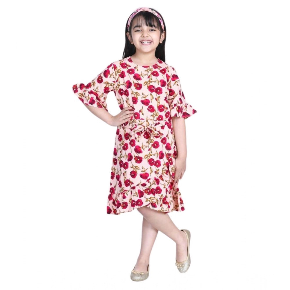 HamariDookan Girl's Polyester Crepe Floral Bell Sleeve Dress (Red-Pink)