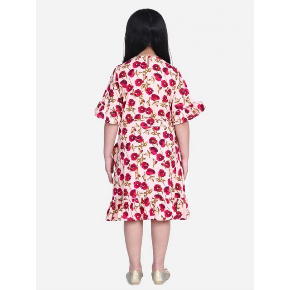 HamariDookan Girl's Polyester Crepe Floral Bell Sleeve Dress (Red-Pink)