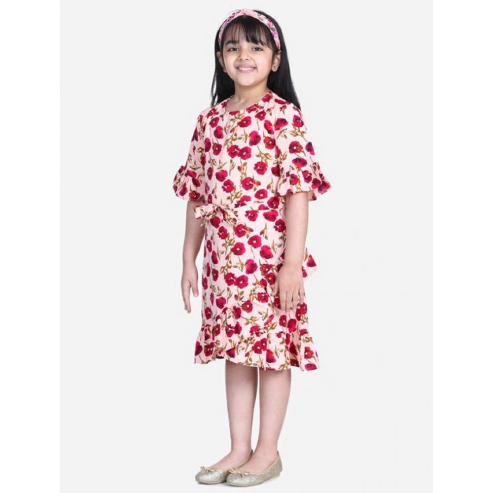 HamariDookan Girl's Polyester Crepe Floral Bell Sleeve Dress (Red-Pink)