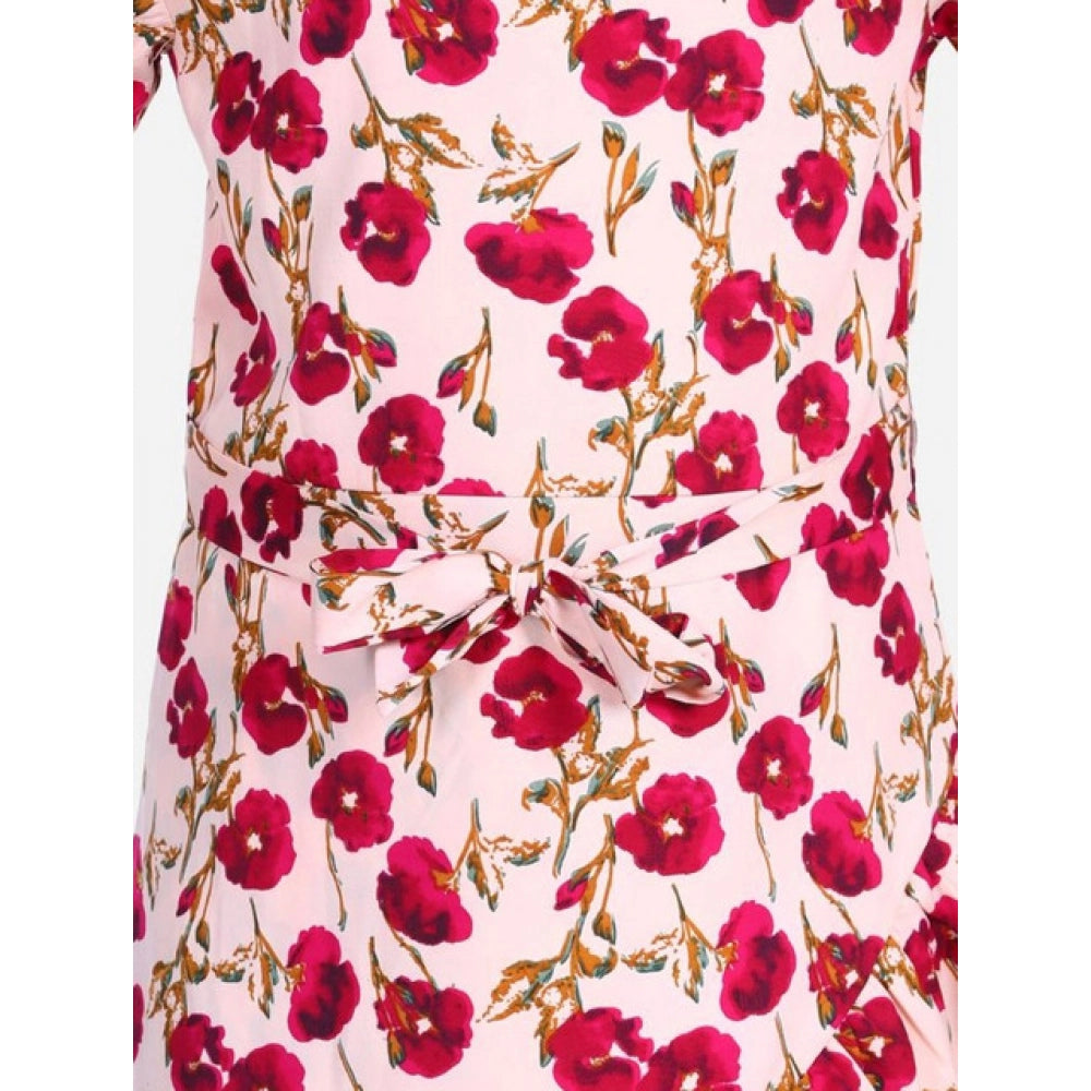 HamariDookan Girl's Polyester Crepe Floral Bell Sleeve Dress (Red-Pink)