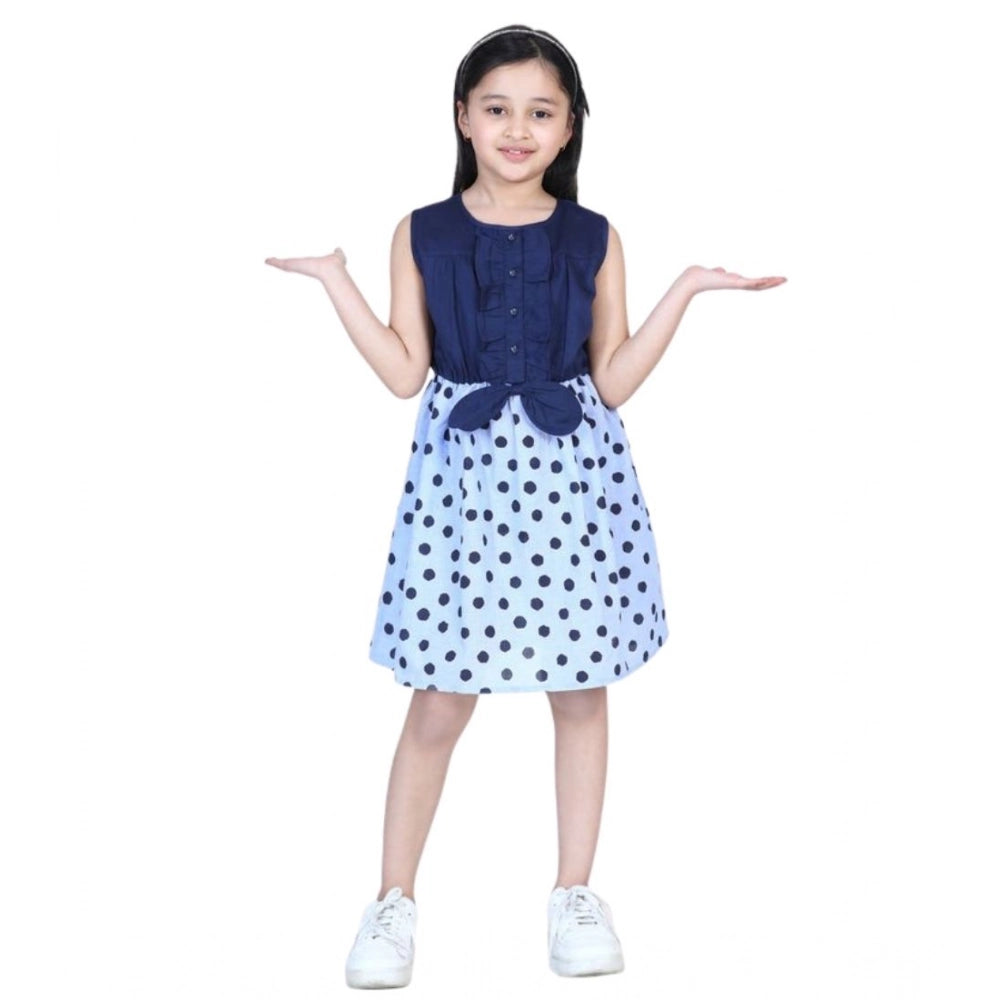 HamariDookan Girl's Denim Polka Sleeveless Dress (Blue)