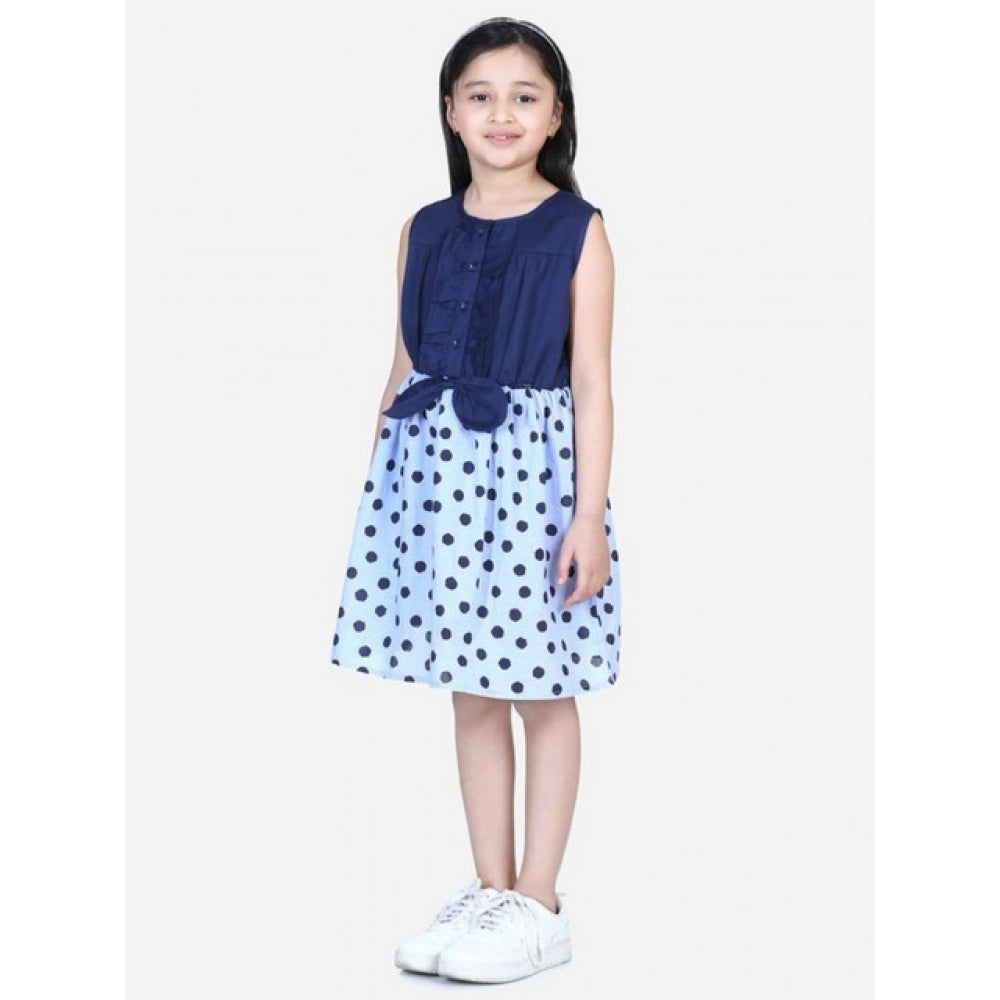 HamariDookan Girl's Denim Polka Sleeveless Dress (Blue)