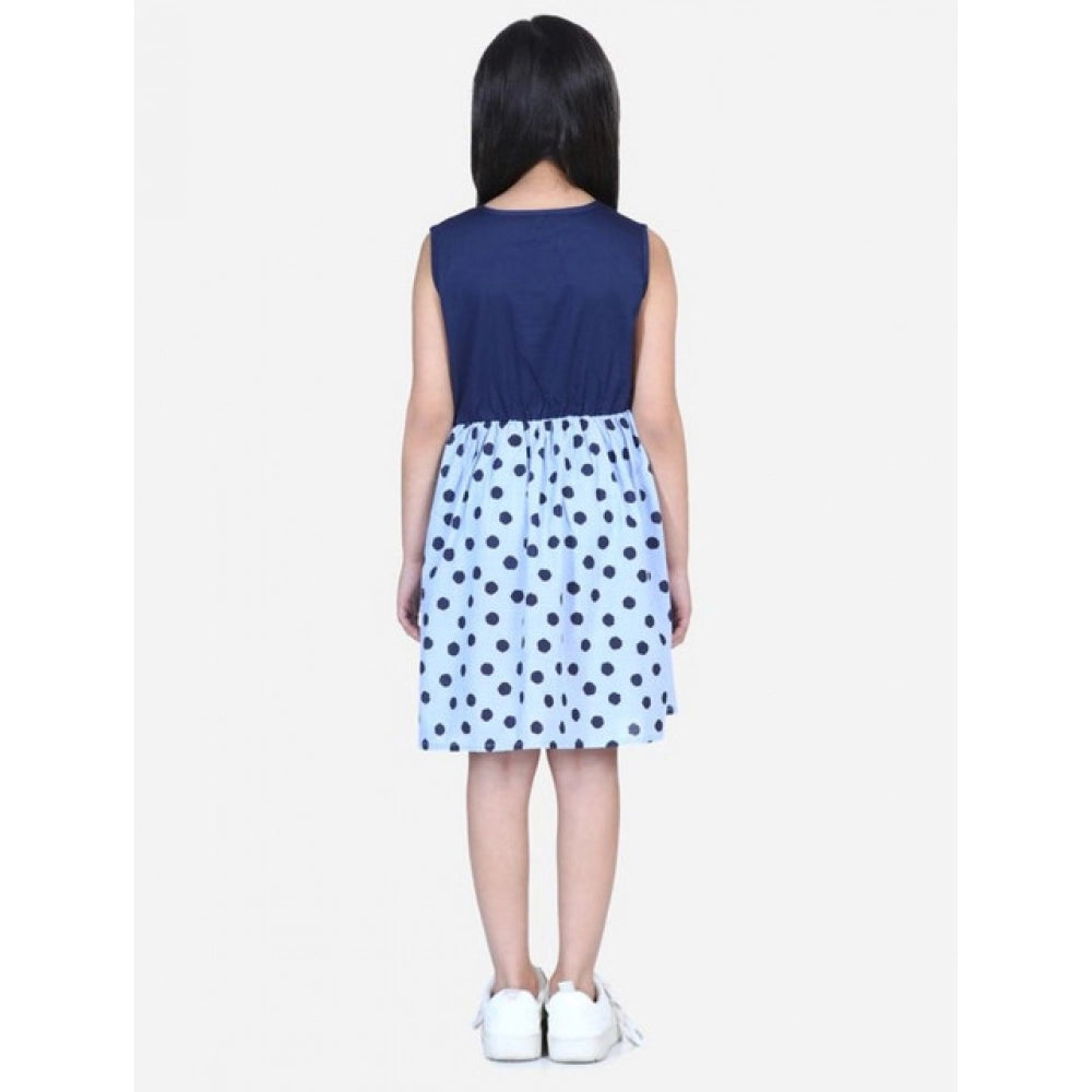 HamariDookan Girl's Denim Polka Sleeveless Dress (Blue)