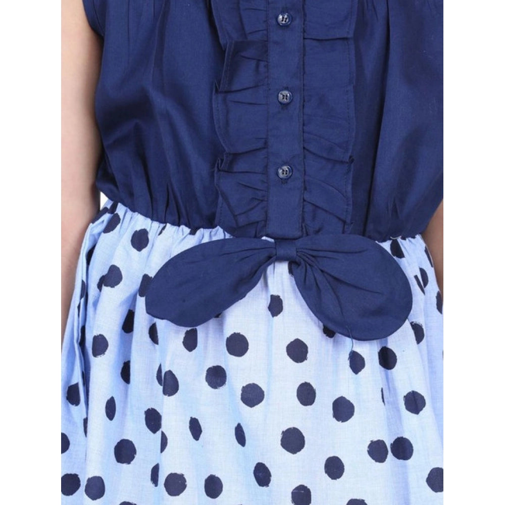 HamariDookan Girl's Denim Polka Sleeveless Dress (Blue)