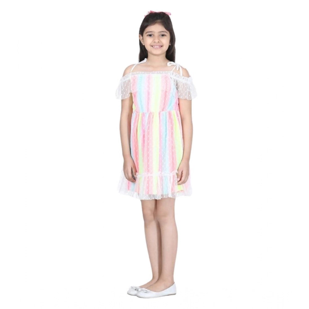 HamariDookan Girl's Polyester Self Design Cold Shoulder Dress (Multicolor)