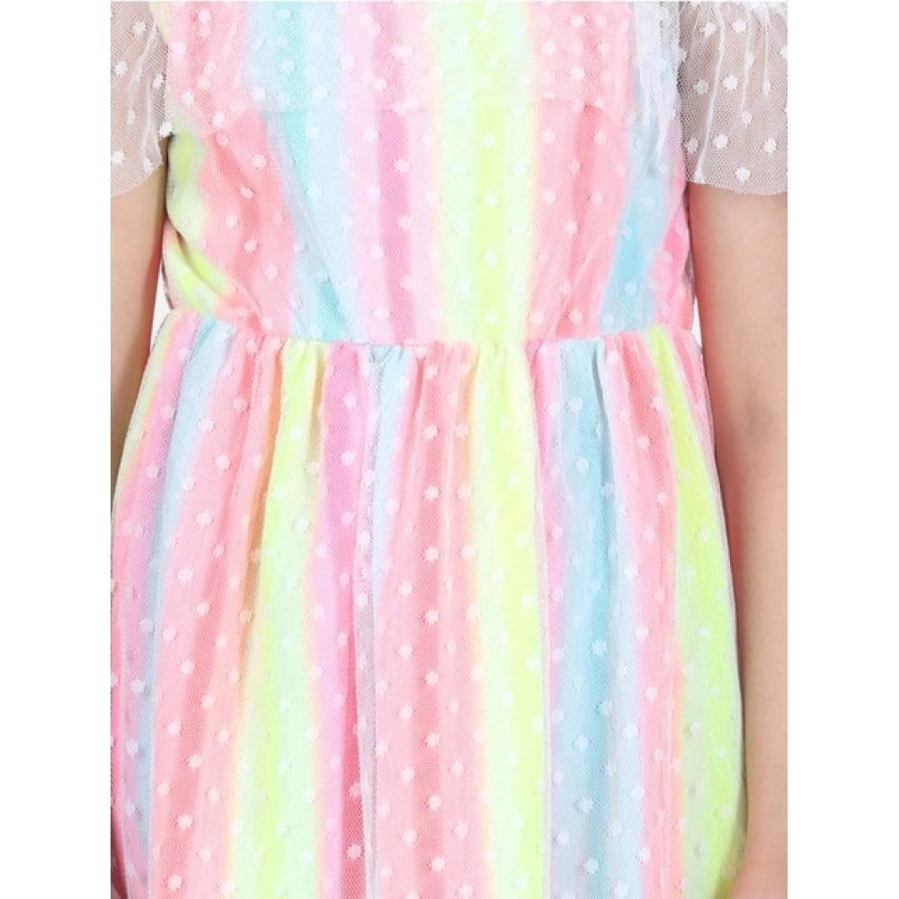 HamariDookan Girl's Polyester Self Design Cold Shoulder Dress (Multicolor)