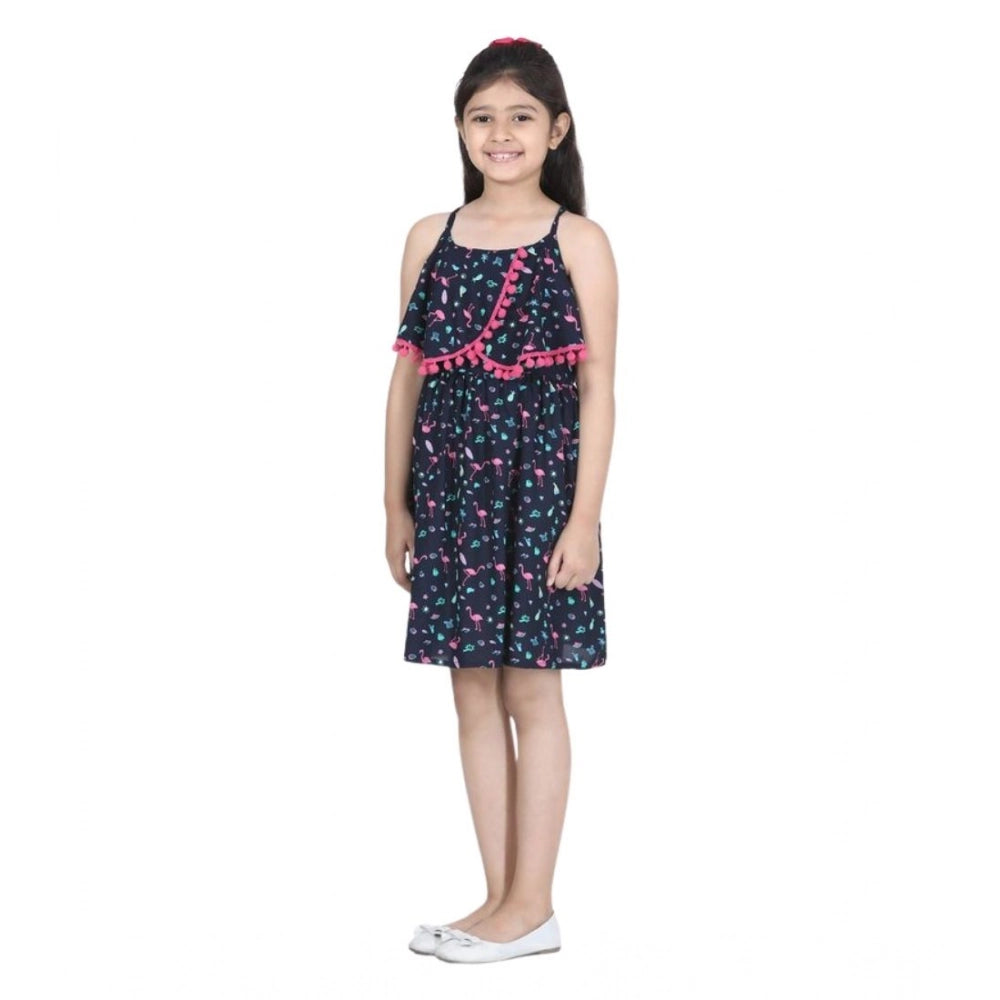 HamariDookan Girl's Rayon Flamingo Print Sleeveless Dress (Black)