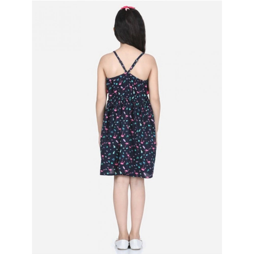 HamariDookan Girl's Rayon Flamingo Print Sleeveless Dress (Black)
