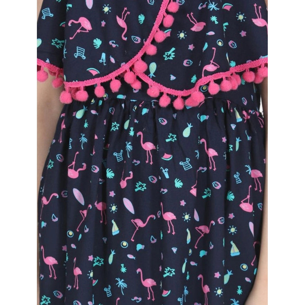 HamariDookan Girl's Rayon Flamingo Print Sleeveless Dress (Black)
