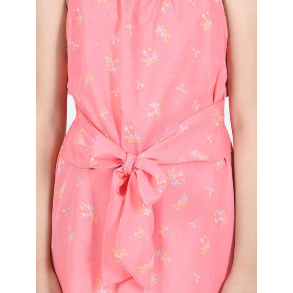 HamariDookan Girl's Polyester Floral Short Sleeve Dress (Coral)
